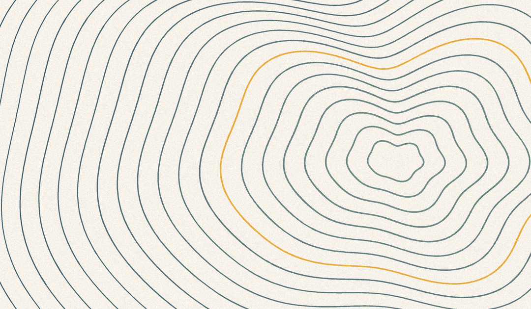 Abstract topographic contour lines in slate blue on a cream ground, with one line picked out in gold.