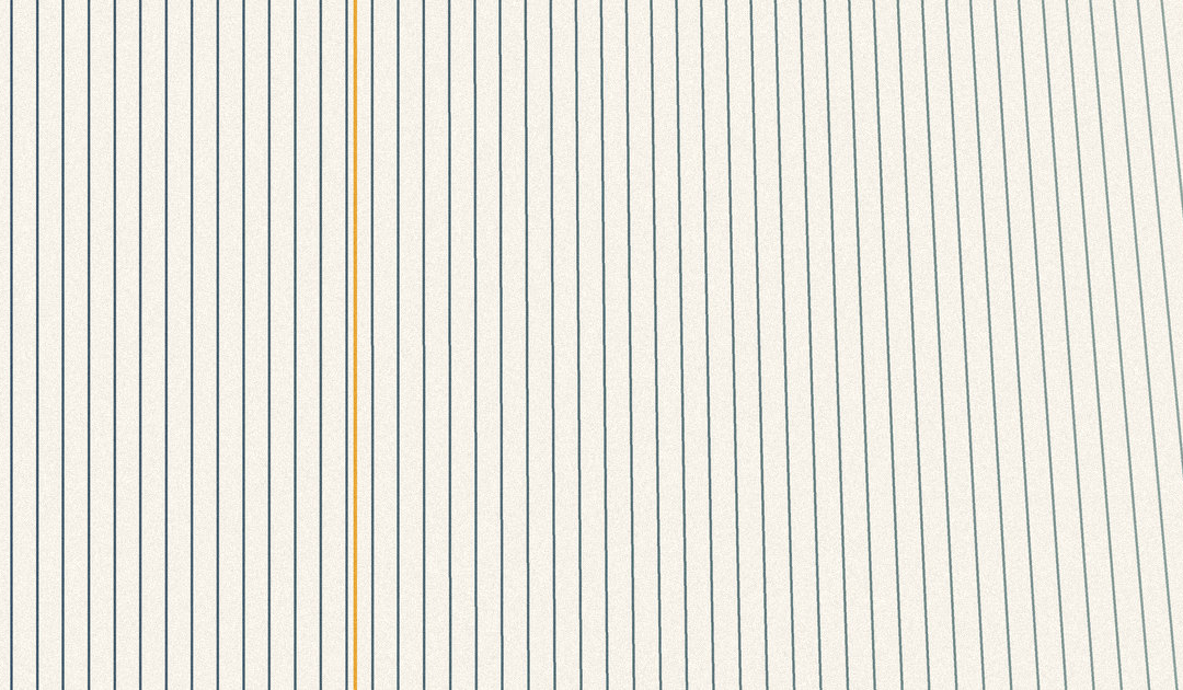 Abstract vertical lines in slate blue on a cream ground, evenly spaced at left and shearing apart toward the right, with one line picked out in gold.