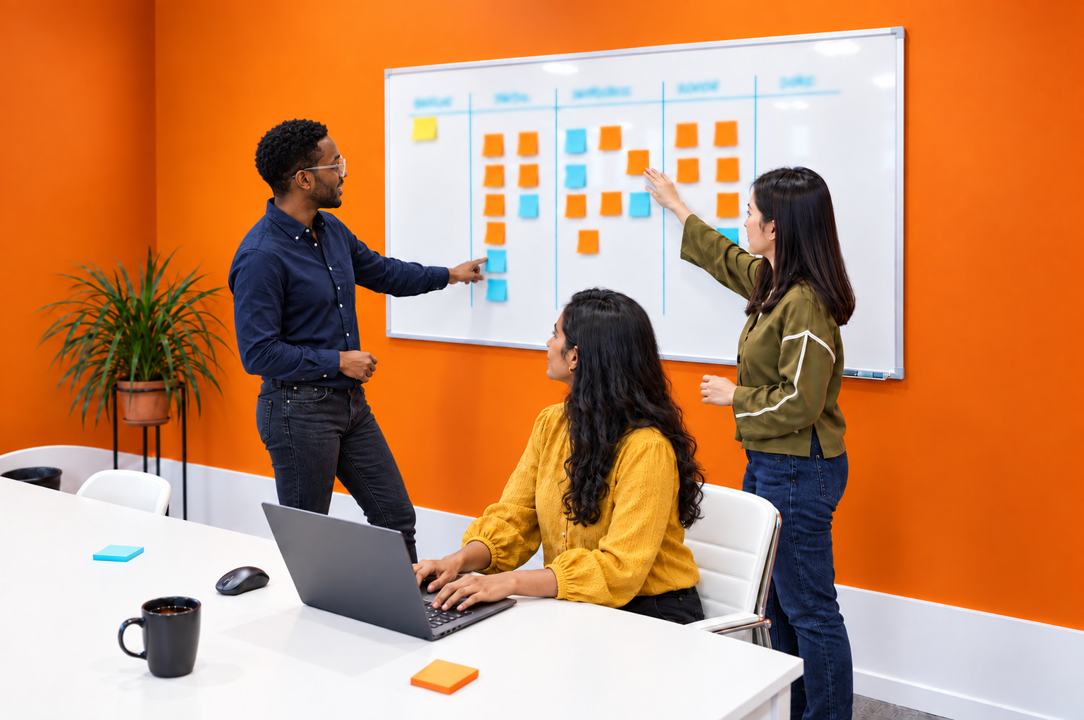 Three colleagues working through a delivery plan at a whiteboard