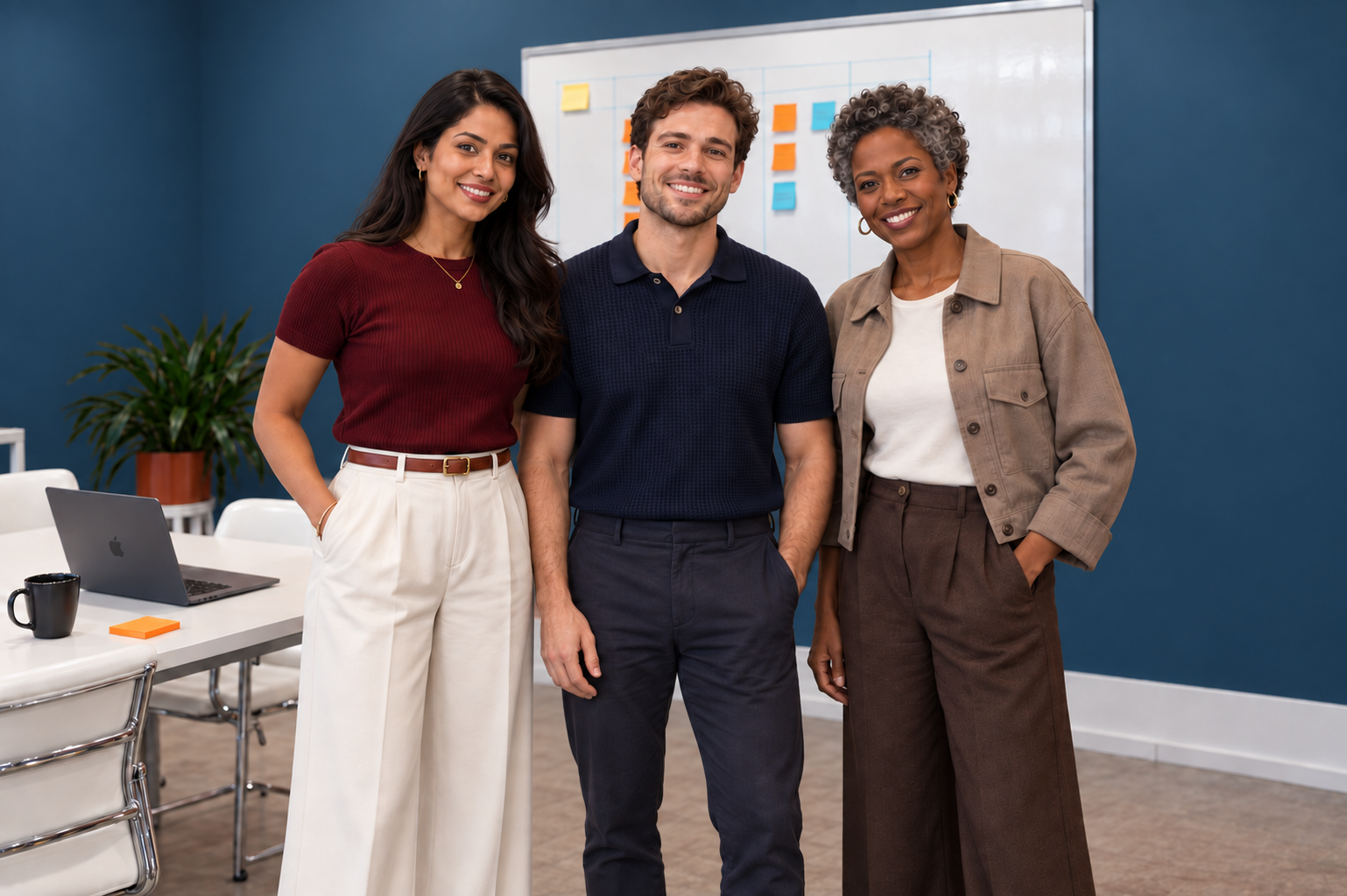 Three colleagues working through a delivery plan at a whiteboard