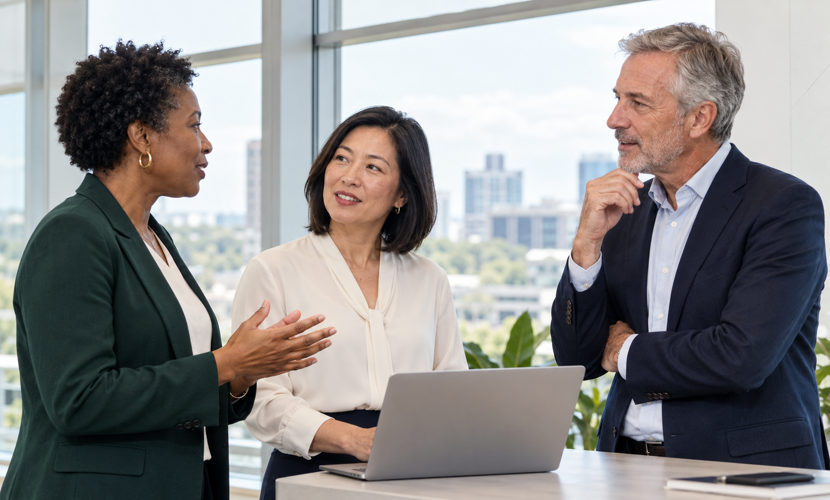 Three colleagues in conversation beside a laptop