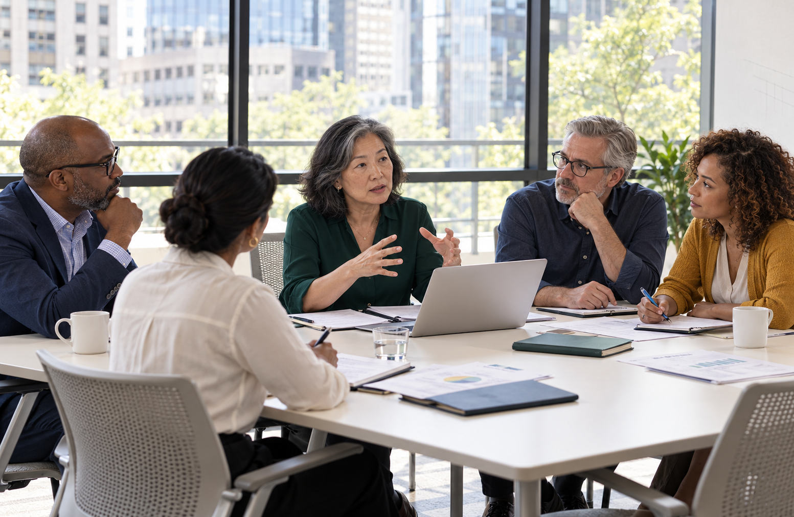 Five colleagues working together around a conference table