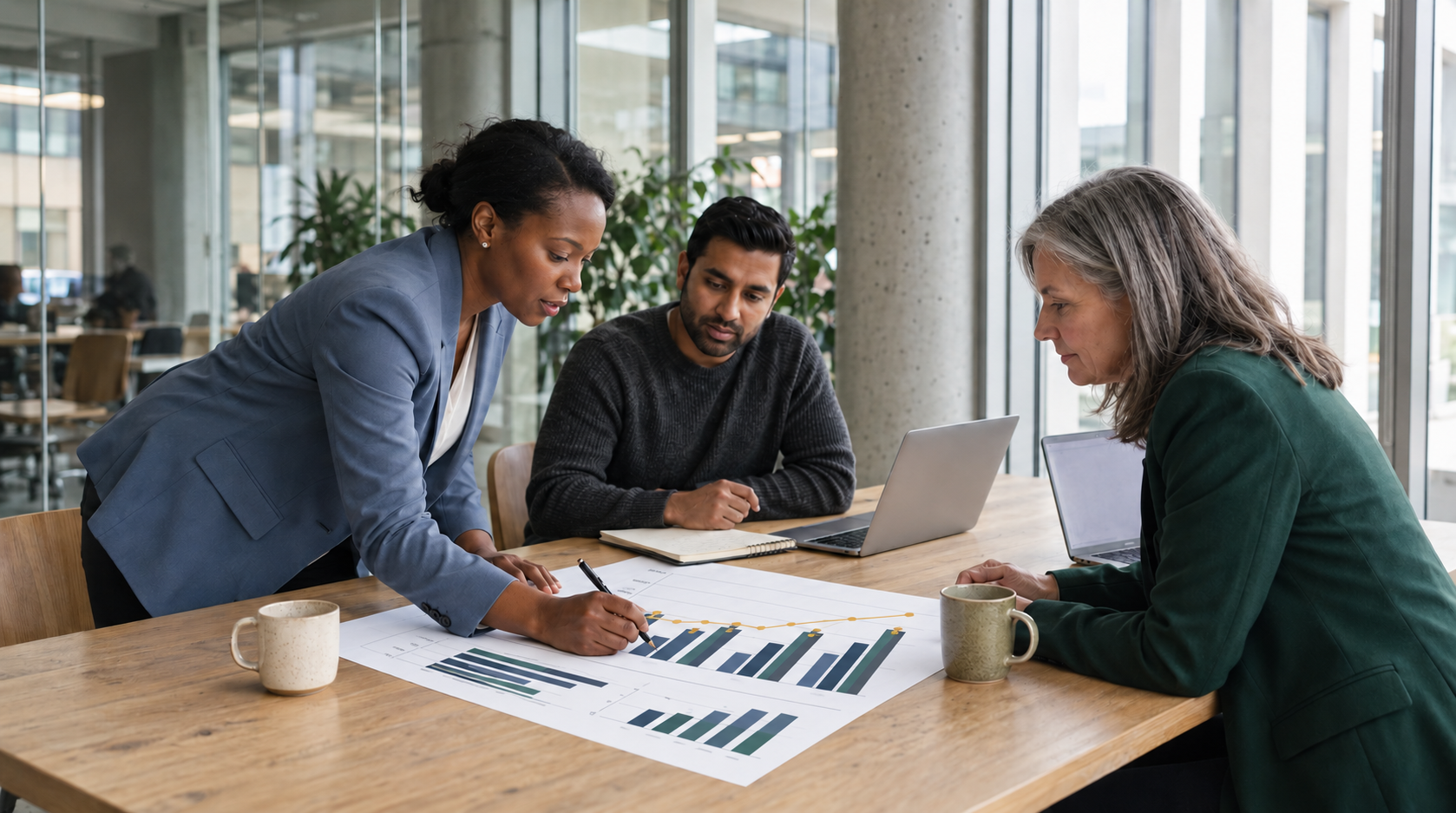 Three colleagues working through a printed chart at a table