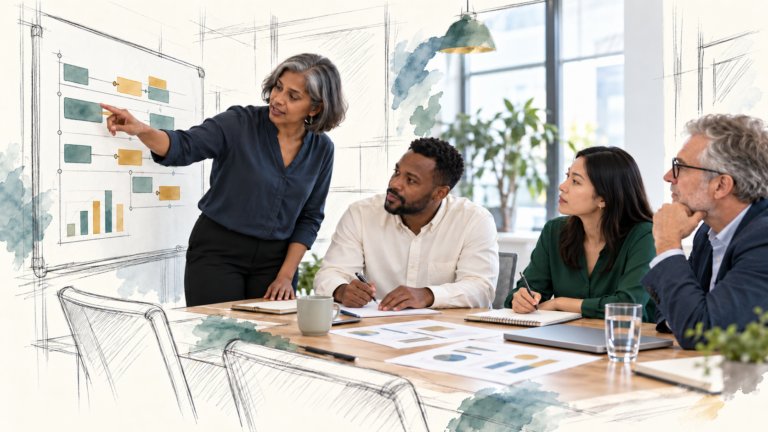 A leader presenting a strategy to her team