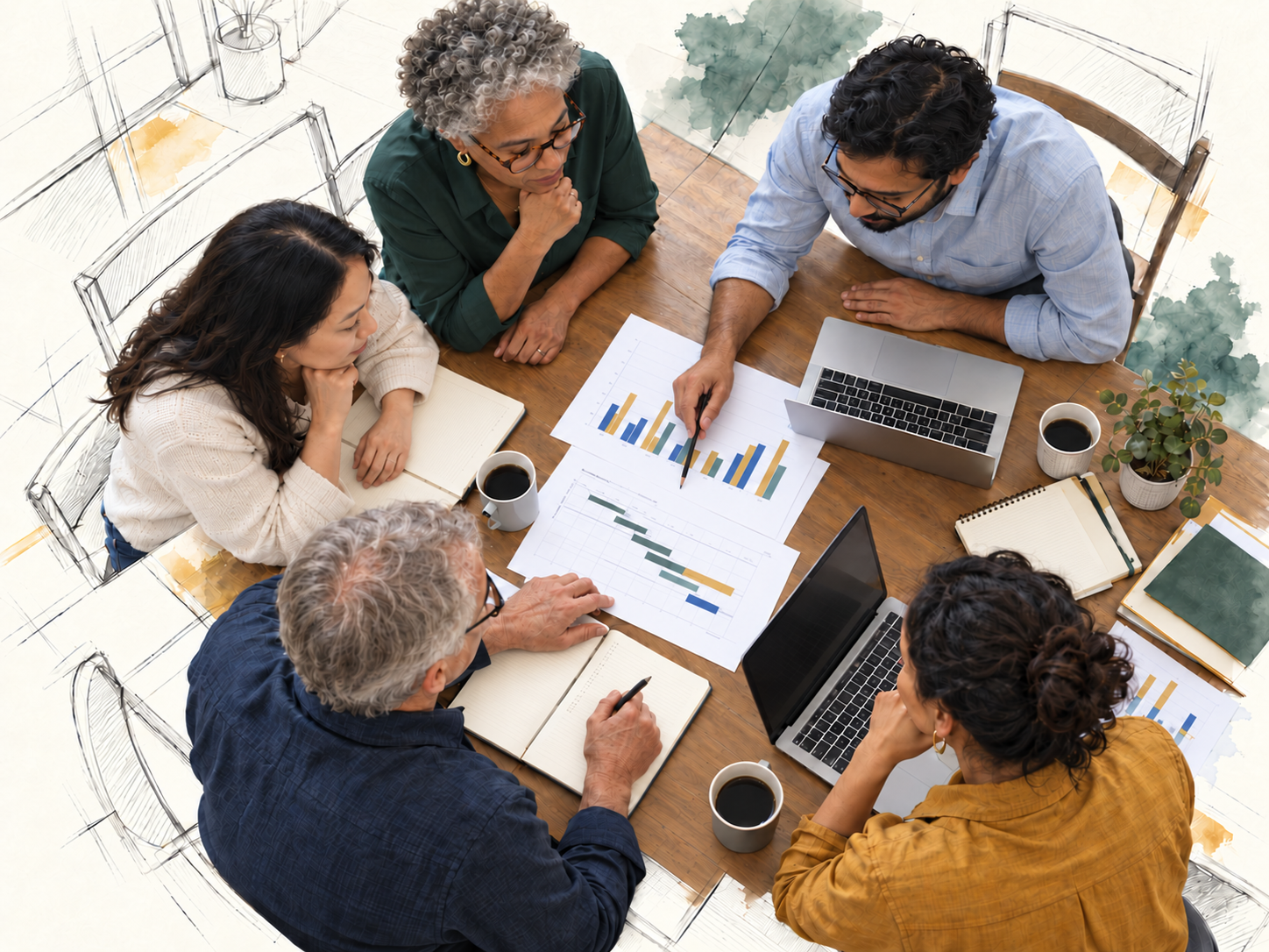 Colleagues working through printed charts around a table