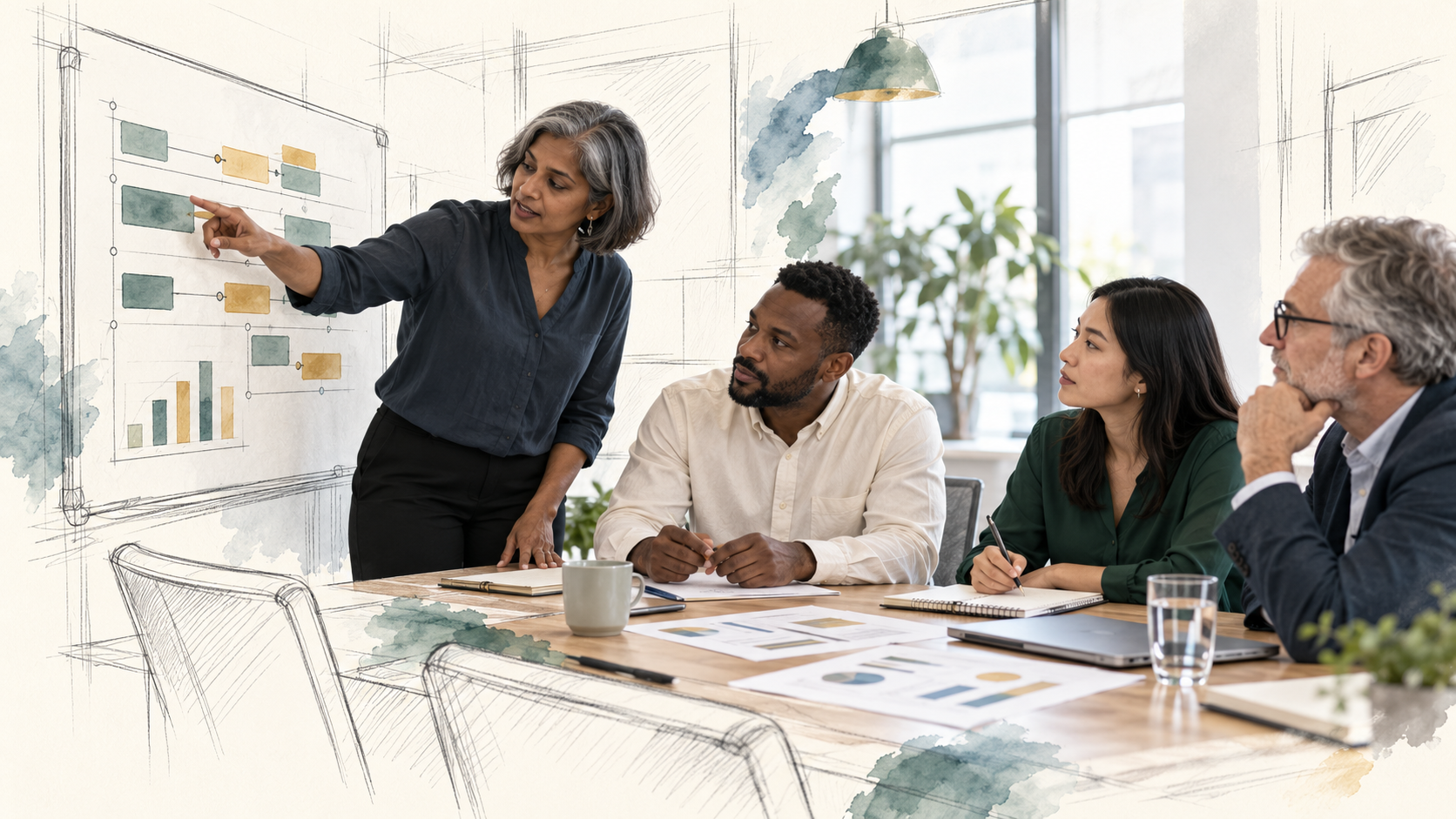A colleague walking a team through a plan on a board