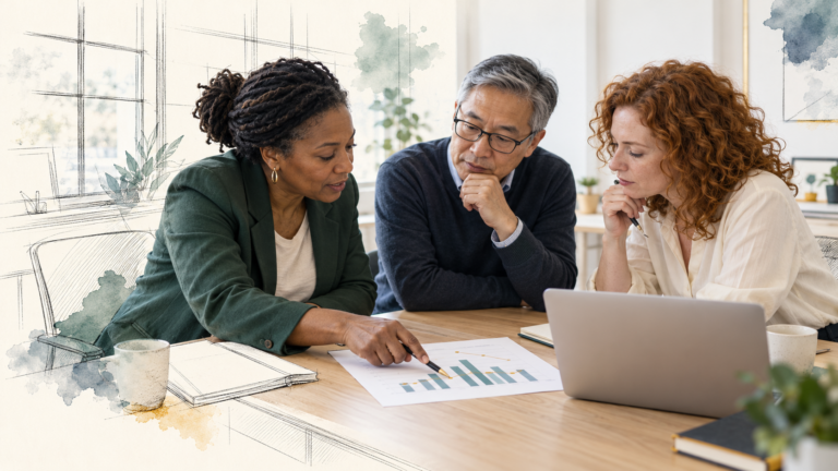 Three colleagues reviewing a chart together